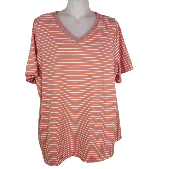 Catherines Women T Shirt 0X Striped Suprema Collection Peach V Neck Short Sleeve - Picture 1 of 11